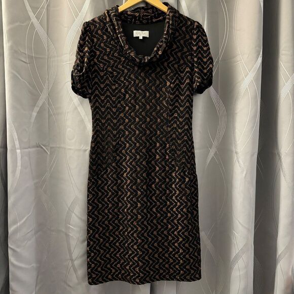 Kasper Black & Gold Dress w/ Bunched Sleeves, Cinched Waist,‎ & Mock Turtle Neck - Picture 1 of 16